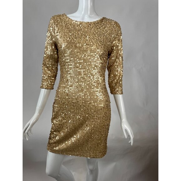 Fredericks Of Hollywood Gold Sequin Dress With 3/4 Sleeves & Low Back Design Siz - Picture 8 of 16